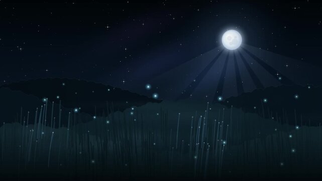 Magical night landscape with full moon, glowing fireflies and starry sky loop animation. Mystical night scene with full moon shining