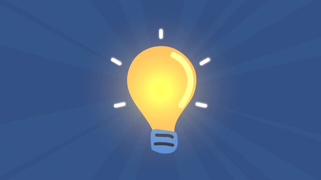 Animated light bulb glowing with bright yellow light against blue radial background representing creative idea concept.