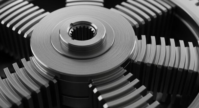 Close-up of a metallic industrial gear rotating, showcasing precision engineering and mechanical complexity