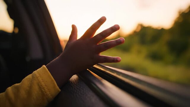 Child hand resting on car window while driving through countryside at sunset