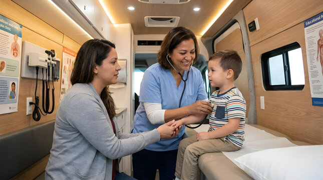 Pediatrician examining young boy inside a mobile medical clinic.