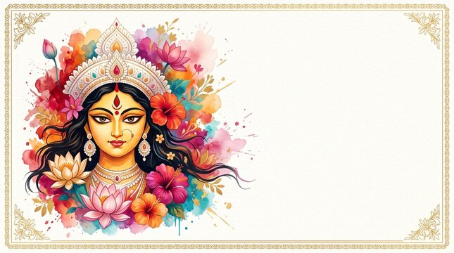 Watercolor background for durga puja celebration with lotus and hibiscus floral frame elements.