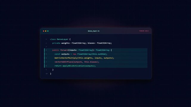 The video features a smooth zoom-out from a professional code editor window displaying a TypeScript class for a neural network's DenseLayer, highlighting core AI development concepts.