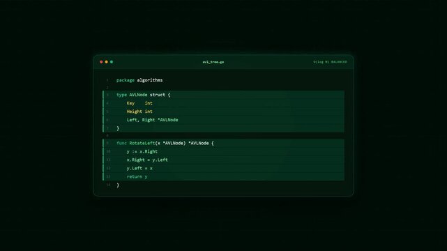 A close-up view of a code editor window showing a Go language implementation of an AVL tree, styled with a glowing green aesthetic on a pitch-black background.