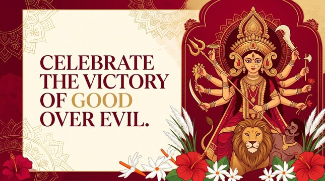 Goddess durga defeating mahishasura demon celebrating victory of good over evil on maroon backdrop.