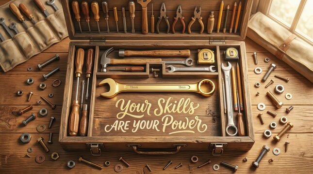 Vintage wooden toolbox filled with various hand tools, wrenches, screwdrivers, hammer, and measuring tape on a rustic wooden table, motivational text.