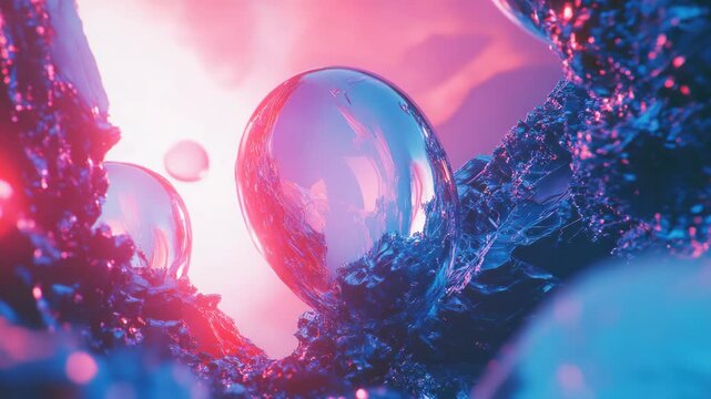Abstract 3D Render of Translucent Glass Spheres in Jagged Crystal Rocks