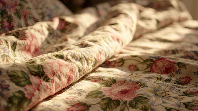 Floral quilt fabric with soft folds and warm sunlight in close up