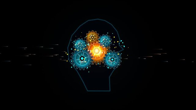 Futuristic glowing cogs spinning inside a human head outline representing artificial intelligence