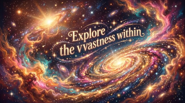 Vibrant Cosmic Galaxy Nebula with Stars and Swirling Colors, Motivational Text 'Explore the Vastness Within'