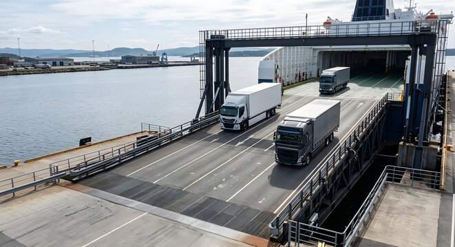 Elektrische Lastwagen fahren &uuml;ber eine breite Rampe auf eine RoRo-F&auml;hre