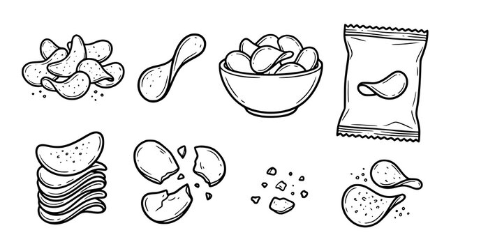 Hand-drawn potato chips doodle outline icon and snack clipart vector set