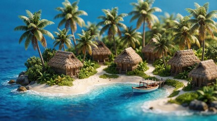 Obraz premium Small island resort with thatched bungalows and palm trees. Crystal clear blue water surrounds the tropical paradise. Small boat docks at sandy shore.