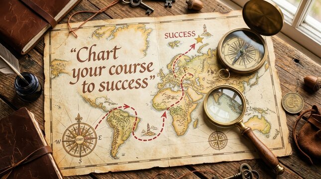 Vintage world map with compass and magnifying glass, charting a course to success, inspiring adventure and exploration
