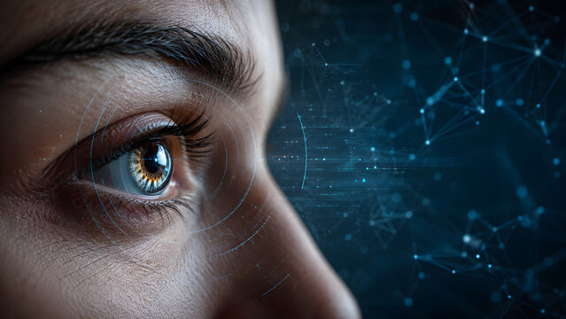 Digital biometric eye scanning interface featuring blue glowing network connections for high tech security identification and advanced data recognition software systems