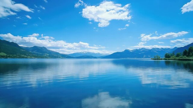 Calm Mountain Lake with Reflection Under Clear Blue Sky
