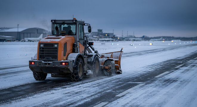 Elektrische Schneekehrmaschine r&auml;umt eine Flughafen-Startbahn