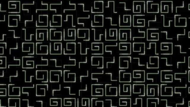 Glowing green digital runes loop animation with shifting cyber maze symbols on black background