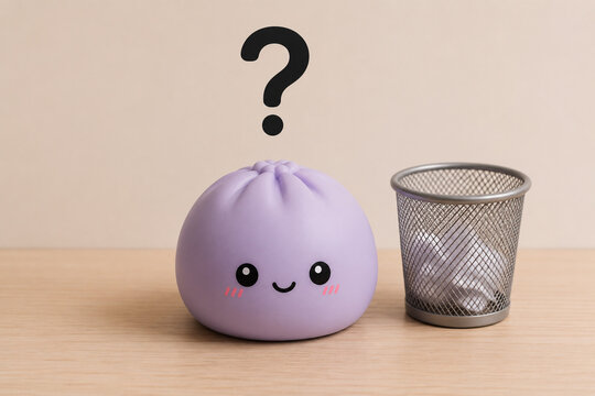 Cute purple squishy toy shaped like a dumpling with a smiling face next to a small metal wastebasket on a wooden surface against a plain background