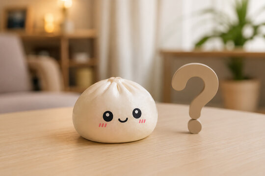 Cute cartoon-style bao bun with a smiling face and rosy cheeks next to a wooden question mark on a light wooden table in a cozy indoor setting