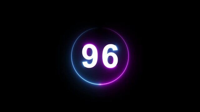 A dynamic circular animation, and glowing count neon number 96 animation . on a black background. and creating a stunning 4k video.