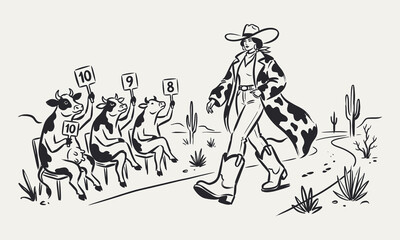 Fototapeta premium Fashionable cowgirl walking in desert with cows judging her outfit line art