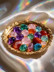 Obraz premium Colorful gemstones rest on ornate gold tray. Stones sit on iridescent fabric with rainbow light effect. Collection of polished minerals is aesthetically arranged for display.
