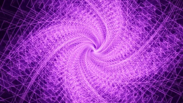 Glowing purple geometric spiral tunnel background with rotating neon lines and hypnotic vortex