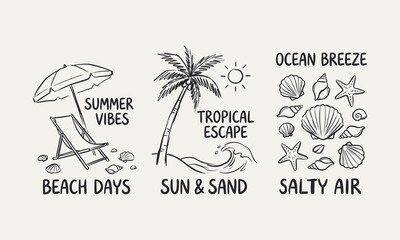 Naklejka premium Hand drawn beach vacation sketches with palm trees seashells sun and summer quotes