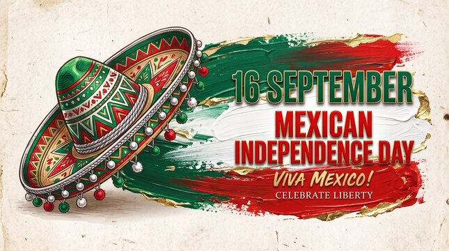 Mexican Independence Day celebration banner, 16 September Viva Mexico poster, traditional sombrero with flag paint stroke on paper texture