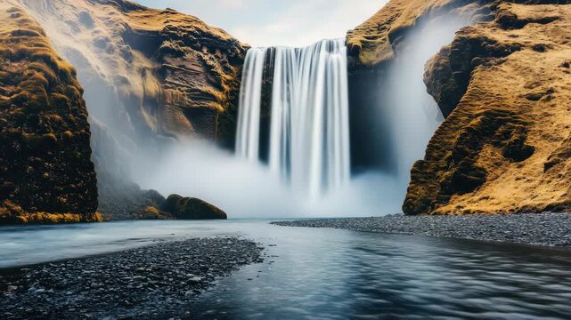 Majestic waterfall cascading between rocky cliffs into a riverbed