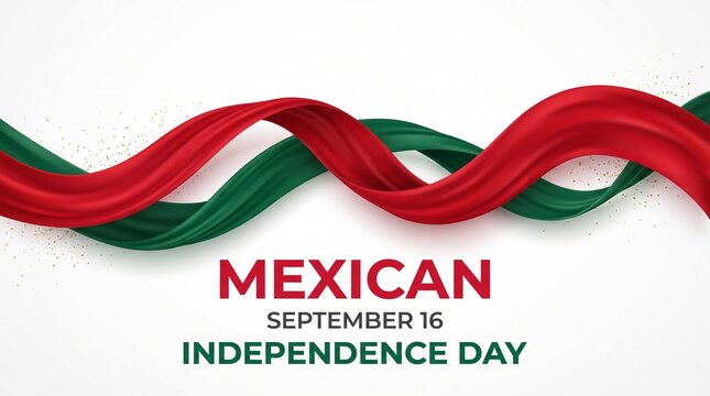 Mexican Independence Day banner, September 16 celebration background, red and green flowing ribbons on white, festive national holiday design