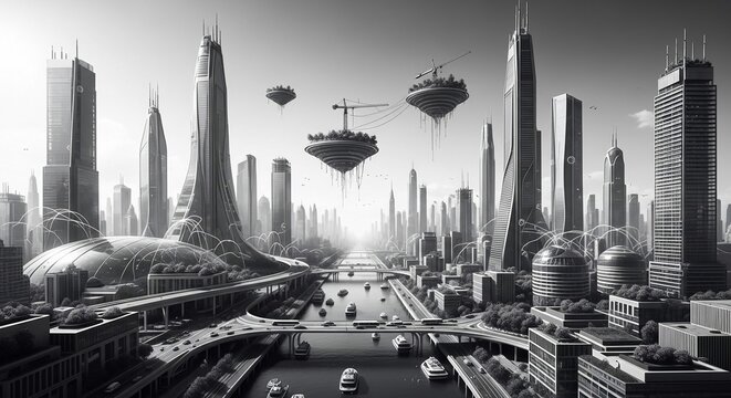 A vast, futuristic megacity cityscape with advanced architecture and elevated transportation systems, showcasing a vision of tomorrow's urban development.