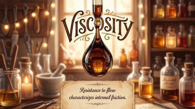 Viscosity concept: Thick liquid droplet in scientific laboratory setting with vintage bottles and tools