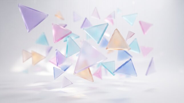 Floating glass triangles in room