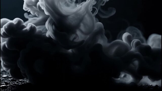 Dark smoke plume erupts from ground with debris scattering in slow motion against black background