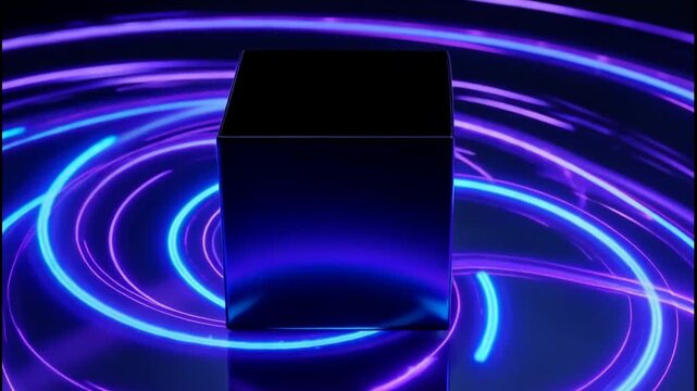 Black reflective cube rotating amid glowing blue and purple concentric light rings on dark surface