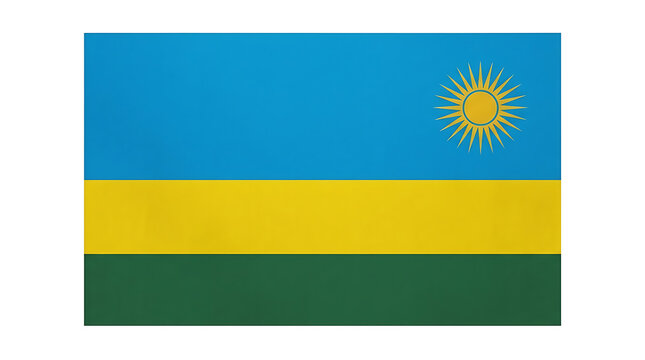 National flag of Rwanda with blue, yellow, and green stripes and a golden sun