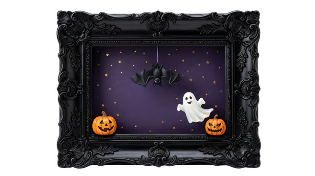 Spooky Halloween Frame Decor, Ghost and Bat Decorations, Jack-o'-lantern Pumpkins, Festive Autumn Scene, Dark Ornate Border, Whimsical Holiday Display