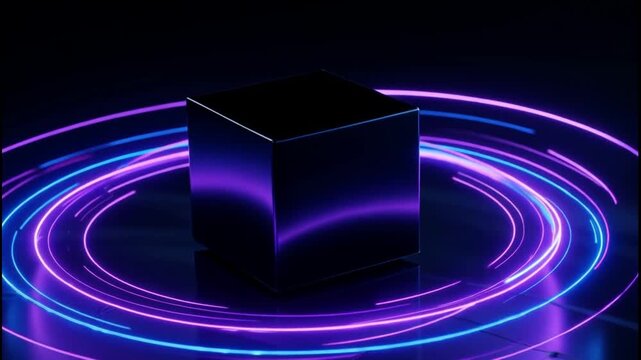 Black cube rotating with neon purple and blue light rings in dark environment