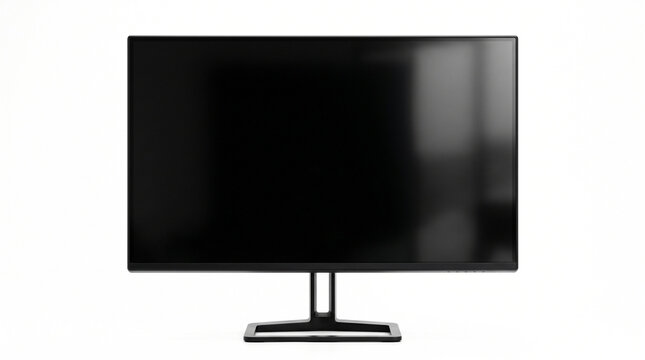 Ultra-realistic modern desktop computer monitor with a completely blank black screen, slim black bezel, minimalist stand and subtle realistic reflections