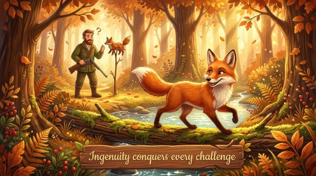 Whimsical illustration of a hunter encountering a clever fox in a vibrant autumn forest scene with a stream
