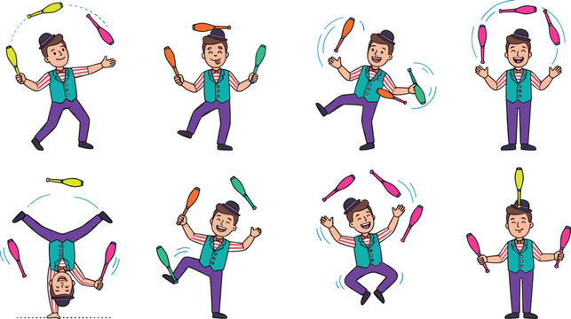 Funny cartoon circus juggler character vector set with a happy performer juggling colorful pins and clubs in various acrobat show poses