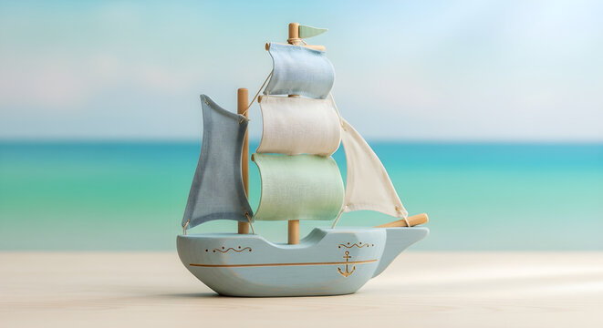 Charming wooden toy sailboat on a light table with a blurred ocean and sky background