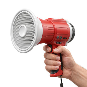 Ultra-realistic red-and-white handheld megaphone held by a human hand, large circular speaker cone, black handle, detailed controls and realistic molded plastic surfaces