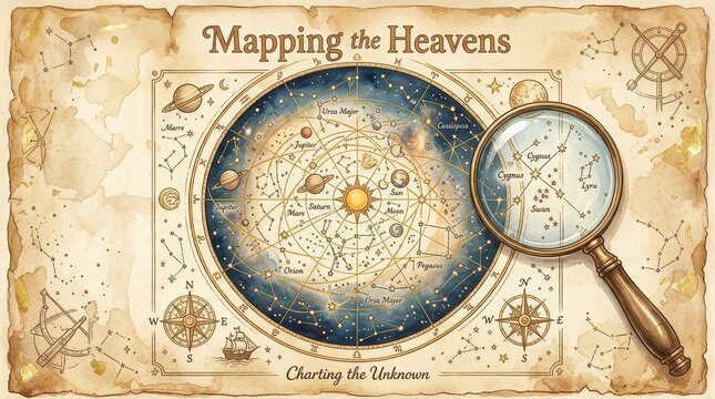 Vintage celestial map with planets and constellations, studied through a magnifying glass, vintage paper background, ancient astronomy