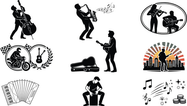 Live music musicians black silhouette vector emblem set with jazz band instruments guitar saxophone contrabass accordion and urban cityscape skyline graphics