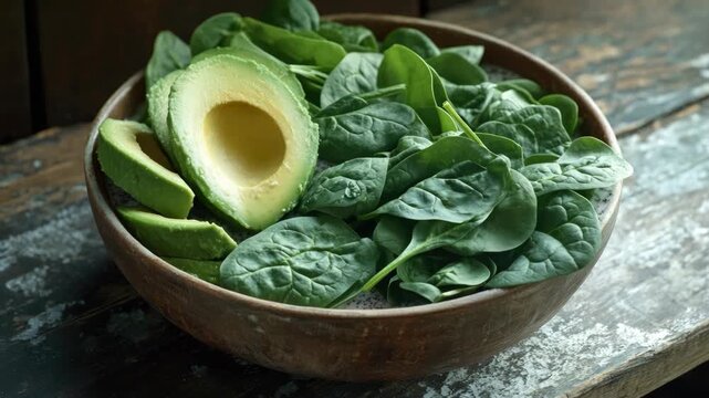 Fresh Avocado and Spinach in a Rustic Bowl
