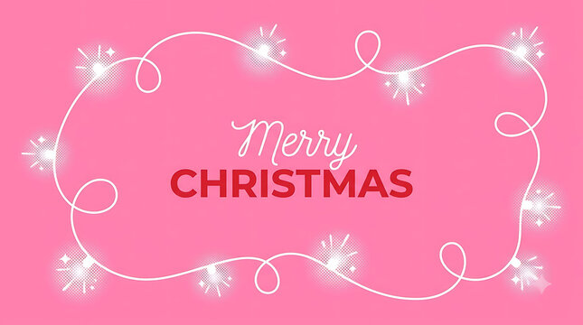 Merry Christmas greeting on pink background, festive holiday lights frame, glowing white string lights with seasonal typography