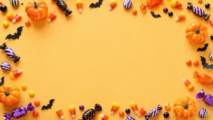 Fototapeta premium Bright Orange Halloween Candy Border with Mini Pumpkins, Flying Bats, Sweets and Large Copy Space